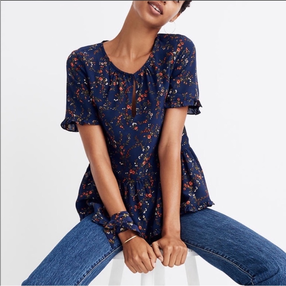 Madewell Navy Floral Peplum Blouse